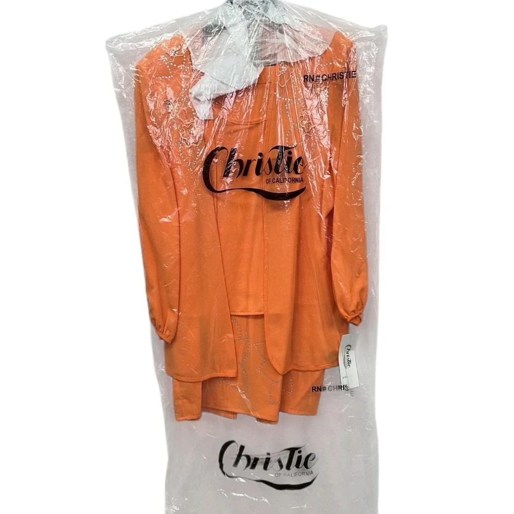 NWT Christie Of California 3 Piece Skirt Suit Set Womens 12 Orange Beaded Floral